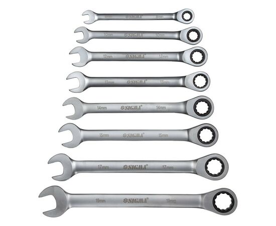 Ключ Sigma ріжково-накидний тріскачковий 8шт (8,10,12,13,14,15,17,19мм) CrV satine (6010521), зображення 2