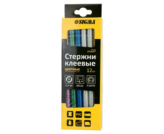 Клеевые стержни Sigma 11.2x200мм 12шт 0.24кг (цветные) (2713151), изображение 2 Клеевые стержни Sigma 11.2x200мм 12шт 0.24кг (цветные) (2713151), изображение 2