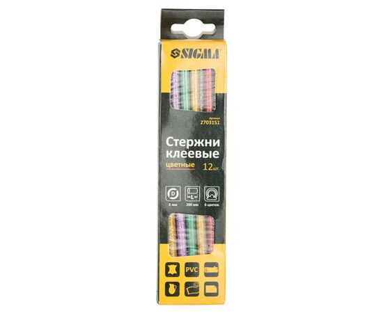Клеевые стержни Sigma 8x200мм 12шт 0.2кг (цветные) (2703151), изображение 2 Клеевые стержни Sigma 8x200мм 12шт 0.2кг (цветные) (2703151), изображение 2