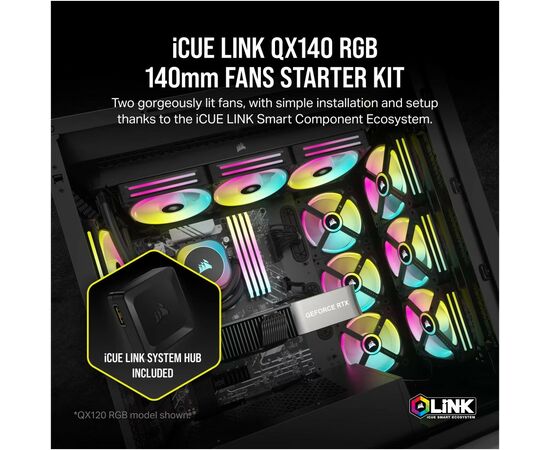Кулер для корпуса Corsair iCUE Link QX140 RGB PWM PC Fans Starter Kit with iCUE LINK System Hub (CO-9051004-WW), изображение 10 Кулер для корпуса Corsair iCUE Link QX140 RGB PWM PC Fans Starter Kit with iCUE LINK System Hub (CO-9051004-WW), изображение 10