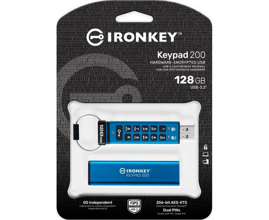 USB флеш накопитель Kingston 128GB IronKey Keypad 200 AES-256 Encrypted Blue USB 3.2 (IKKP200/128GB), изображение 6 USB флеш накопитель Kingston 128GB IronKey Keypad 200 AES-256 Encrypted Blue USB 3.2 (IKKP200/128GB), изображение 6