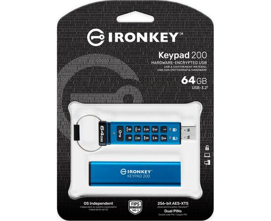 USB флеш накопитель Kingston 64GB IronKey Keypad 200 AES-256 Encrypted Blue USB 3.2 (IKKP200/64GB), изображение 6 USB флеш накопитель Kingston 64GB IronKey Keypad 200 AES-256 Encrypted Blue USB 3.2 (IKKP200/64GB), изображение 6
