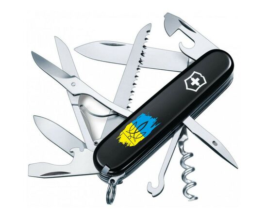 Нож Victorinox Huntsman Ukraine 91 мм Чорний Тризуб фігурний на тлі прапора (1.3713.3_T1026u)
