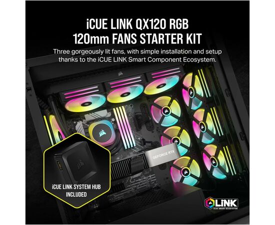 Кулер для корпуса Corsair iCUE Link QX120 RGB PWM PC Fans Starter Kit with iCUE Link System Hub (CO-9051002-WW), изображение 12 Кулер для корпуса Corsair iCUE Link QX120 RGB PWM PC Fans Starter Kit with iCUE Link System Hub (CO-9051002-WW), изображение 12