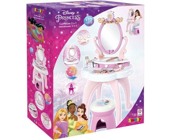 Игровой набор Smoby Столик с зеркалом Дисней Принцессы Парикмахерская 2 в 1 со стульчиком и аксессуарами (320250), изображение 4