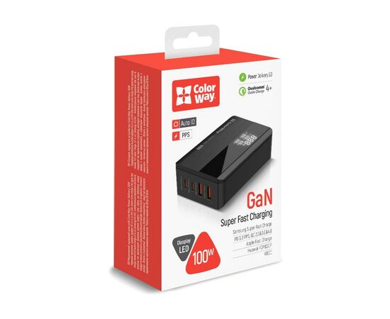 Зарядное устройство ColorWay Power Delivery GaN (2USB-A + 2USB TYPE-C) (100W) black (CW-CHS041PD-BK), изображение 9 Зарядное устройство ColorWay Power Delivery GaN (2USB-A + 2USB TYPE-C) (100W) black (CW-CHS041PD-BK), изображение 9