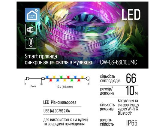 Гирлянда ColorWay Smart LED RGB WiFi+Bluetooth 10M 66LED IP65 (CW-GS-66L10UMC), изображение 2 Гирлянда ColorWay Smart LED RGB WiFi+Bluetooth 10M 66LED IP65 (CW-GS-66L10UMC), изображение 2