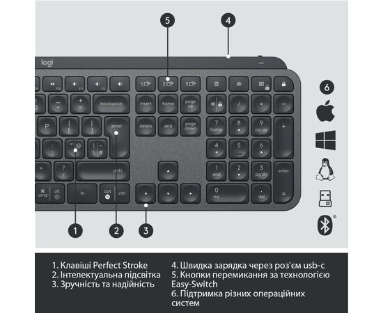 Клавиатура Logitech MX Keys Advanced for Business Wireless Illuminated UA Graphite (920-010251), изображение 10 Клавиатура Logitech MX Keys Advanced for Business Wireless Illuminated UA Graphite (920-010251), изображение 10