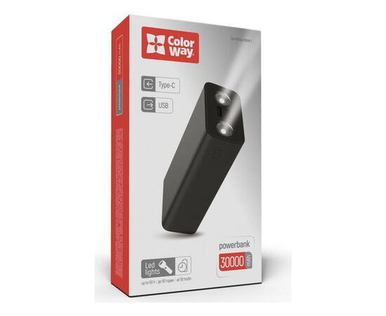 Батарея универсальная ColorWay 30 000 mAh Lamp, Black (CW-PB300LPB3BK-F), изображение 9 Батарея универсальная ColorWay 30 000 mAh Lamp, Black (CW-PB300LPB3BK-F), изображение 9