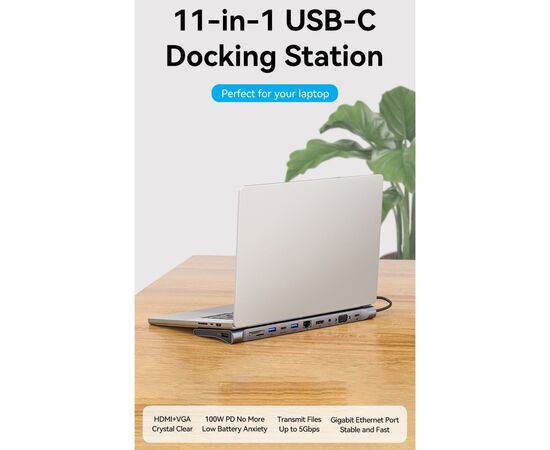 Концентратор Vention USB3.1 Type-C to HDMI/VGA/USB-C/USB3.0x3/RJ45/SD/TF/TRRS 3.5mm/PD 100W 11in1 (THTHC), изображение 2 Концентратор Vention USB3.1 Type-C to HDMI/VGA/USB-C/USB3.0x3/RJ45/SD/TF/TRRS 3.5mm/PD 100W 11in1 (THTHC), изображение 2