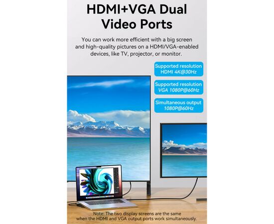 Концентратор Vention USB3.1 Type-C to HDMI/VGA/USB-C/USB3.0x3/RJ45/SD/TF/TRRS 3.5mm/PD 100W 11in1 (THTHC), изображение 5 Концентратор Vention USB3.1 Type-C to HDMI/VGA/USB-C/USB3.0x3/RJ45/SD/TF/TRRS 3.5mm/PD 100W 11in1 (THTHC), изображение 5