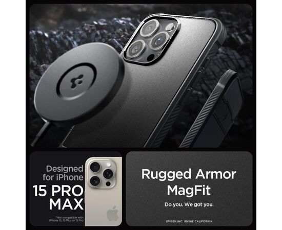 Чехол для мобильного телефона Spigen Apple iPhone 15 Pro Max Rugged Armor MagFit Matte Black (ACS06561), изображение 6 Чехол для мобильного телефона Spigen Apple iPhone 15 Pro Max Rugged Armor MagFit Matte Black (ACS06561), изображение 6
