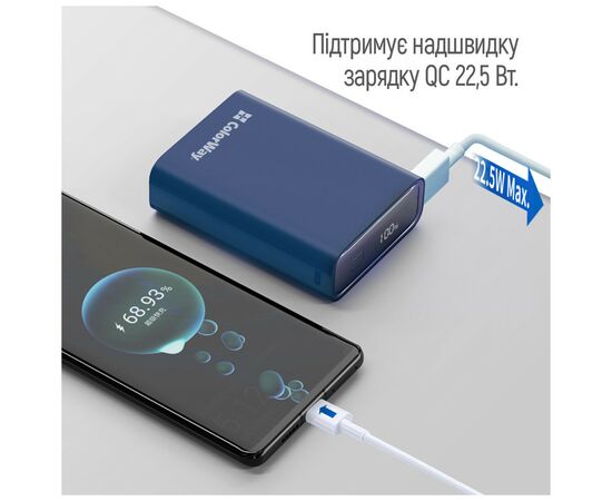 Батарея универсальная ColorWay 20 000 mAh PD/20W, QC/3.0, USB-C/USB-A max.22.5W Blue (CW-PB200LPG2BL-PDD), изображение 10 Батарея универсальная ColorWay 20 000 mAh PD/20W, QC/3.0, USB-C/USB-A max.22.5W Blue (CW-PB200LPG2BL-PDD), изображение 10