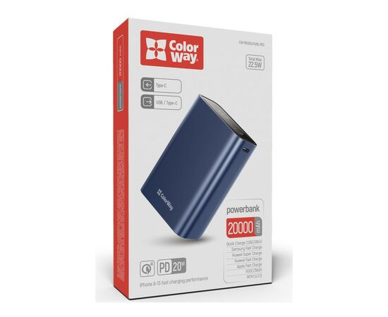 Батарея универсальная ColorWay 20 000 mAh PD/20W, QC/3.0, USB-C/USB-A max.22.5W Blue (CW-PB200LPG2BL-PDD), изображение 11 Батарея универсальная ColorWay 20 000 mAh PD/20W, QC/3.0, USB-C/USB-A max.22.5W Blue (CW-PB200LPG2BL-PDD), изображение 11
