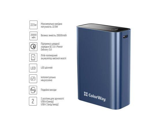 Батарея универсальная ColorWay 20 000 mAh PD/20W, QC/3.0, USB-C/USB-A max.22.5W Blue (CW-PB200LPG2BL-PDD), изображение 6 Батарея универсальная ColorWay 20 000 mAh PD/20W, QC/3.0, USB-C/USB-A max.22.5W Blue (CW-PB200LPG2BL-PDD), изображение 6