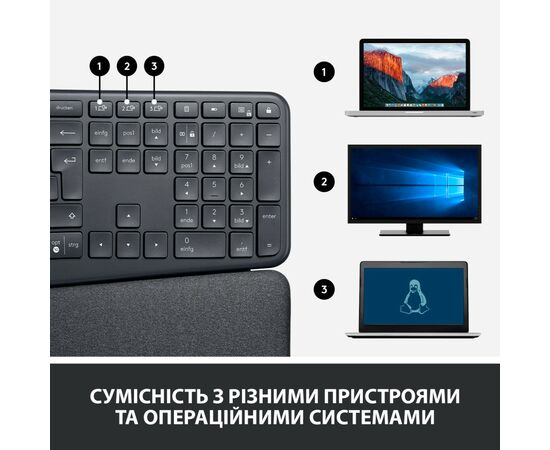 Клавиатура Logitech ERGO K860 Bluetooth/Wireless UA Black (920-010108), изображение 9 Клавиатура Logitech ERGO K860 Bluetooth/Wireless UA Black (920-010108), изображение 9