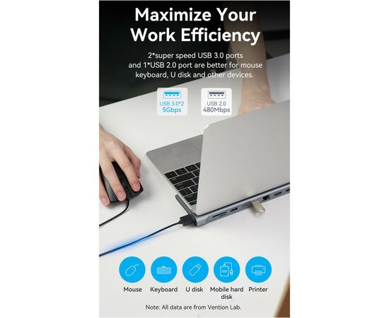 Концентратор Vention USB3.1 Type-C to DP/HDMI/VGA/USB-C/USB3.0x3/RJ45/SD/TF/TRRS 3.5mm/PD 100W 12in1 (THSHC), изображение 10 Концентратор Vention USB3.1 Type-C to DP/HDMI/VGA/USB-C/USB3.0x3/RJ45/SD/TF/TRRS 3.5mm/PD 100W 12in1 (THSHC), изображение 10