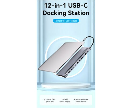 Концентратор Vention USB3.1 Type-C to DP/HDMI/VGA/USB-C/USB3.0x3/RJ45/SD/TF/TRRS 3.5mm/PD 100W 12in1 (THSHC), изображение 2 Концентратор Vention USB3.1 Type-C to DP/HDMI/VGA/USB-C/USB3.0x3/RJ45/SD/TF/TRRS 3.5mm/PD 100W 12in1 (THSHC), изображение 2