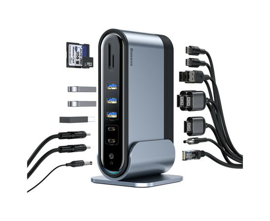 Концентратор Baseus USB3.2 Type-C to 3xHDMI/2xUSB-C/5xUSB/RJ45/SD/TRRS 3.5mm/PD 100W + PA 16 in 1 (CAHUB-DG0G), зображення 3 Концентратор Baseus USB3.2 Type-C to 3xHDMI/2xUSB-C/5xUSB/RJ45/SD/TRRS 3.5mm/PD 100W + PA 16 in 1 (CAHUB-DG0G), зображення 3