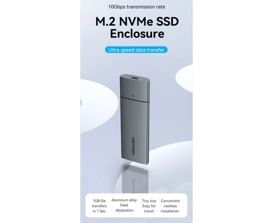 Карман внешний Vention SSD M.2 (NVME) M-key USB Type-C 3.2 gray (KPGH0), изображение 4 Карман внешний Vention SSD M.2 (NVME) M-key USB Type-C 3.2 gray (KPGH0), изображение 4