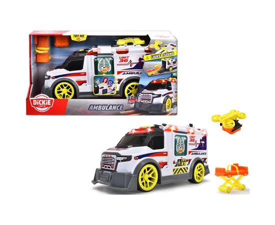 Спецтехніка Dickie Toys Функціональний автомобіль Швидка допомога з аксесуарами зі звуком та світловими ефектами 41 см (3307003), зображення 2 Спецтехніка Dickie Toys Функціональний автомобіль Швидка допомога з аксесуарами зі звуком та світловими ефектами 41 см (3307003), зображення 2