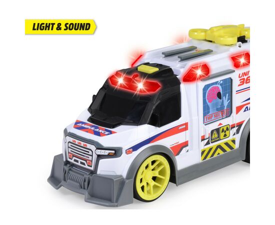 Спецтехніка Dickie Toys Функціональний автомобіль Швидка допомога з аксесуарами зі звуком та світловими ефектами 41 см (3307003), зображення 5 Спецтехніка Dickie Toys Функціональний автомобіль Швидка допомога з аксесуарами зі звуком та світловими ефектами 41 см (3307003), зображення 5