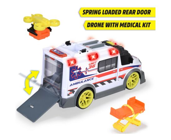 Спецтехніка Dickie Toys Функціональний автомобіль Швидка допомога з аксесуарами зі звуком та світловими ефектами 41 см (3307003), зображення 7 Спецтехніка Dickie Toys Функціональний автомобіль Швидка допомога з аксесуарами зі звуком та світловими ефектами 41 см (3307003), зображення 7