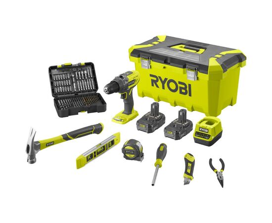 Шуруповерт Ryobi R18PD3-220TAH, ONE+, 2x2Ah, набор ручного инструмента, кейс (5133005506)