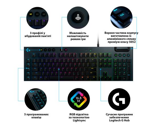 Клавиатура Logitech G815 Lightsync RGB Mechanical GL Tactile USB UA Black (920-008992), изображение 9 Клавиатура Logitech G815 Lightsync RGB Mechanical GL Tactile USB UA Black (920-008992), изображение 9