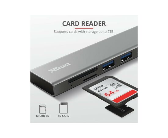 Концентратор Trust HALYX FAST 3USB+CARD READER USB-C ALUMINIUM (24191_TRUST), изображение 7 Концентратор Trust HALYX FAST 3USB+CARD READER USB-C ALUMINIUM (24191_TRUST), изображение 7