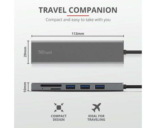 Концентратор Trust HALYX FAST 3USB+CARD READER USB-C ALUMINIUM (24191_TRUST), изображение 9 Концентратор Trust HALYX FAST 3USB+CARD READER USB-C ALUMINIUM (24191_TRUST), изображение 9