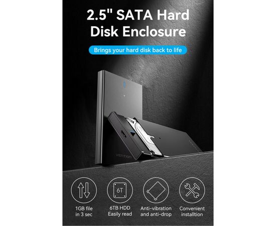 Карман внешний Vention 2.5" HDD/SSD USB 3.0 Micro-B Black (KPAB0), изображение 2 Карман внешний Vention 2.5" HDD/SSD USB 3.0 Micro-B Black (KPAB0), изображение 2