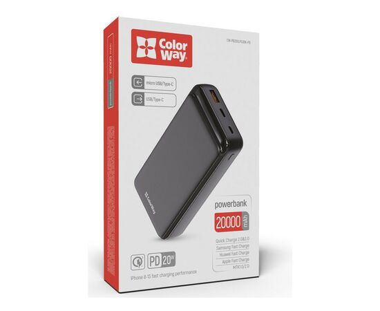 Батарея универсальная ColorWay 20 000 mAh Slim PD/20W, QC/3.0 USB-C/Micro-USB/USB-A Black (CW-PB200LPG3BK-PD), изображение 11 Батарея универсальная ColorWay 20 000 mAh Slim PD/20W, QC/3.0 USB-C/Micro-USB/USB-A Black (CW-PB200LPG3BK-PD), изображение 11