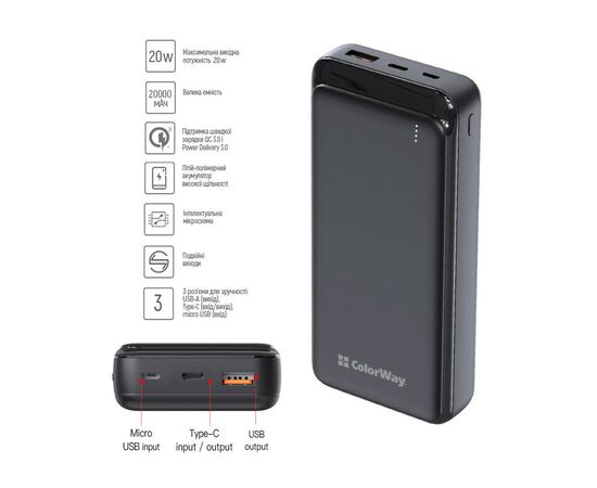 Батарея универсальная ColorWay 20 000 mAh Slim PD/20W, QC/3.0 USB-C/Micro-USB/USB-A Black (CW-PB200LPG3BK-PD), изображение 6 Батарея универсальная ColorWay 20 000 mAh Slim PD/20W, QC/3.0 USB-C/Micro-USB/USB-A Black (CW-PB200LPG3BK-PD), изображение 6
