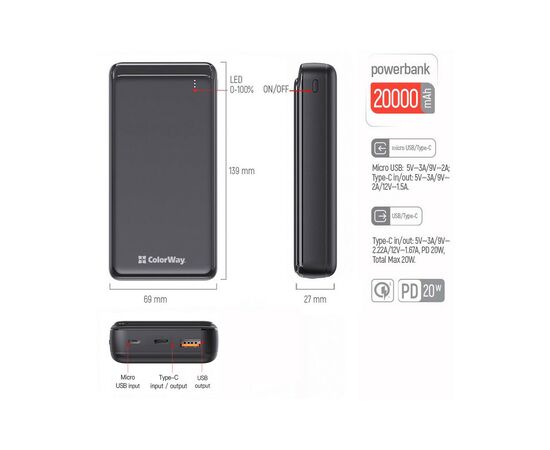 Батарея универсальная ColorWay 20 000 mAh Slim PD/20W, QC/3.0 USB-C/Micro-USB/USB-A Black (CW-PB200LPG3BK-PD), изображение 7 Батарея универсальная ColorWay 20 000 mAh Slim PD/20W, QC/3.0 USB-C/Micro-USB/USB-A Black (CW-PB200LPG3BK-PD), изображение 7