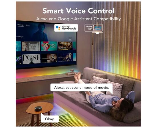 Светодиодная лента Govee RGBIC Basic Wi-Fi + Bluetooth LED Strip Light With Protective Coating 5м Білий (H619A3D1), изображение 9 Светодиодная лента Govee RGBIC Basic Wi-Fi + Bluetooth LED Strip Light With Protective Coating 5м Білий (H619A3D1), изображение 9