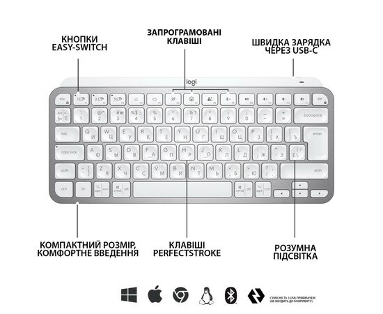 Клавиатура Logitech MX Keys Mini Wireless Illuminated UA Pale Grey (920-010499), изображение 6 Клавиатура Logitech MX Keys Mini Wireless Illuminated UA Pale Grey (920-010499), изображение 6
