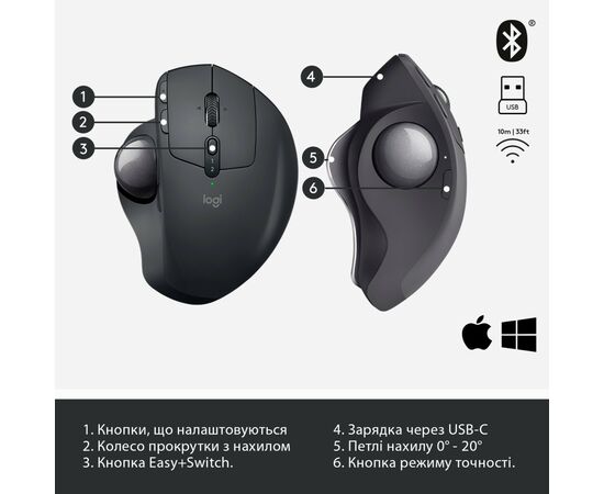 Мышка Logitech MX Ergo Bluetooth Graphite (910-005179), изображение 6 Мышка Logitech MX Ergo Bluetooth Graphite (910-005179), изображение 6