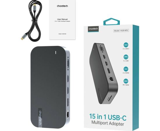 Концентратор Choetech USB-C 15-in-1 HDMI/PD/CR/LAN/USB-A/USB-C/AUX/VGA/DP (HUB-M52-GY), изображение 4 Концентратор Choetech USB-C 15-in-1 HDMI/PD/CR/LAN/USB-A/USB-C/AUX/VGA/DP (HUB-M52-GY), изображение 4