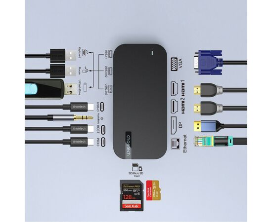 Концентратор Choetech USB-C 15-in-1 HDMI/PD/CR/LAN/USB-A/USB-C/AUX/VGA/DP (HUB-M52-GY), изображение 5 Концентратор Choetech USB-C 15-in-1 HDMI/PD/CR/LAN/USB-A/USB-C/AUX/VGA/DP (HUB-M52-GY), изображение 5