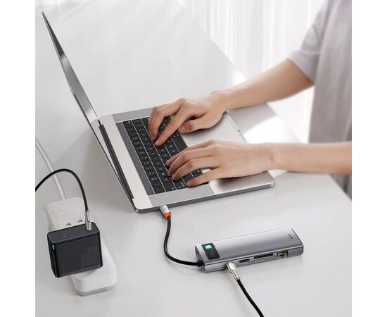 Концентратор Baseus USB3.1 Type-C to USB C(PD)100W/HDMI 4K 30Hz/VGA/USB3.2/RJ45/SD+TF,9in1 Grey (CAHUB-CU0G), изображение 10 Концентратор Baseus USB3.1 Type-C to USB C(PD)100W/HDMI 4K 30Hz/VGA/USB3.2/RJ45/SD+TF,9in1 Grey (CAHUB-CU0G), изображение 10