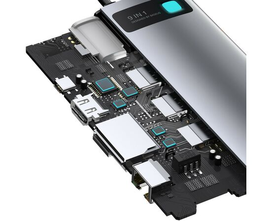 Концентратор Baseus USB3.1 Type-C to USB C(PD)100W/HDMI 4K 30Hz/VGA/USB3.2/RJ45/SD+TF,9in1 Grey (CAHUB-CU0G), изображение 7 Концентратор Baseus USB3.1 Type-C to USB C(PD)100W/HDMI 4K 30Hz/VGA/USB3.2/RJ45/SD+TF,9in1 Grey (CAHUB-CU0G), изображение 7