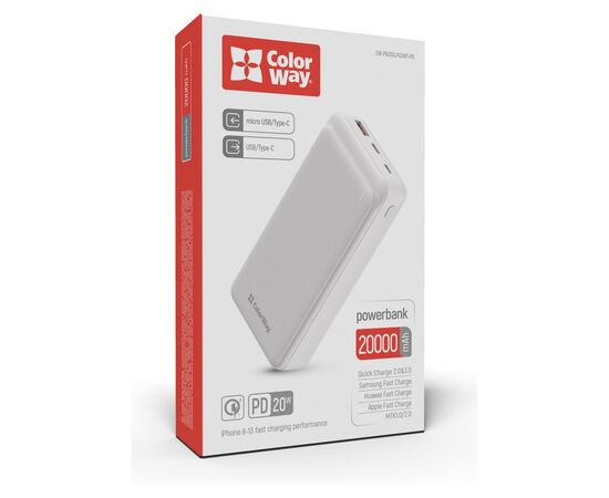 Батарея универсальная ColorWay 20 000 mAh Slim PD/20W, QC/3.0 USB-C/Micro-USB/USB-A White (CW-PB200LPG3WT-PD), изображение 11 Батарея универсальная ColorWay 20 000 mAh Slim PD/20W, QC/3.0 USB-C/Micro-USB/USB-A White (CW-PB200LPG3WT-PD), изображение 11