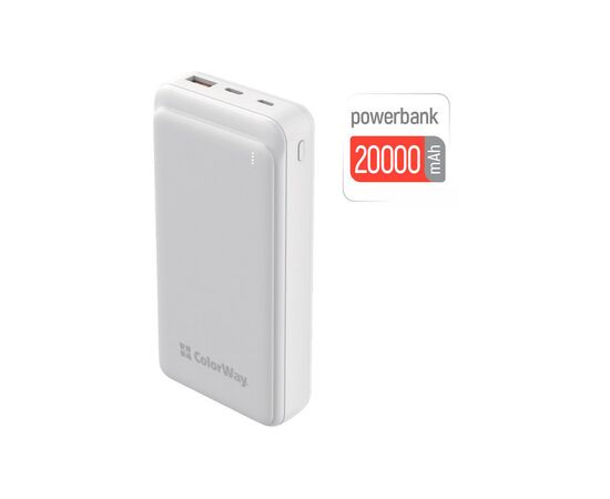 Батарея универсальная ColorWay 20 000 mAh Slim PD/20W, QC/3.0 USB-C/Micro-USB/USB-A White (CW-PB200LPG3WT-PD), изображение 5 Батарея универсальная ColorWay 20 000 mAh Slim PD/20W, QC/3.0 USB-C/Micro-USB/USB-A White (CW-PB200LPG3WT-PD), изображение 5