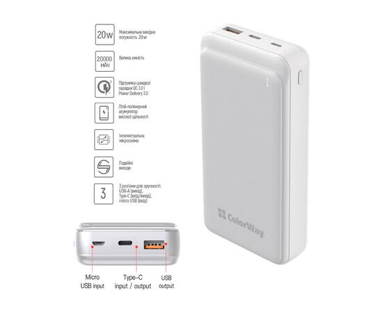 Батарея универсальная ColorWay 20 000 mAh Slim PD/20W, QC/3.0 USB-C/Micro-USB/USB-A White (CW-PB200LPG3WT-PD), изображение 6 Батарея универсальная ColorWay 20 000 mAh Slim PD/20W, QC/3.0 USB-C/Micro-USB/USB-A White (CW-PB200LPG3WT-PD), изображение 6