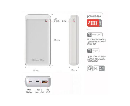Батарея универсальная ColorWay 20 000 mAh Slim PD/20W, QC/3.0 USB-C/Micro-USB/USB-A White (CW-PB200LPG3WT-PD), изображение 7 Батарея универсальная ColorWay 20 000 mAh Slim PD/20W, QC/3.0 USB-C/Micro-USB/USB-A White (CW-PB200LPG3WT-PD), изображение 7