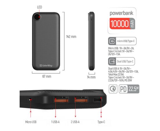 Батарея универсальная ColorWay 10 000 mAh LCD (USB QC3.0 + USB-C Power Delivery 22.5W) Black (CW-PB100LPI3BK-PDD), изображение 6 Батарея универсальная ColorWay 10 000 mAh LCD (USB QC3.0 + USB-C Power Delivery 22.5W) Black (CW-PB100LPI3BK-PDD), изображение 6