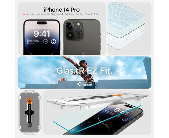 Стекло защитное Spigen Apple Iphone 14 Pro Glas tR EZ Fit (2 Pack), Clear (AGL05214), изображение 6 Стекло защитное Spigen Apple Iphone 14 Pro Glas tR EZ Fit (2 Pack), Clear (AGL05214), изображение 6