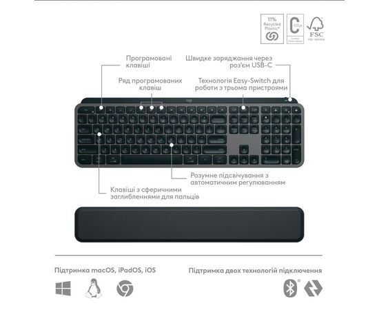 Комплект Logitech MX Keys S Plus Palmrest Wireless UA Graphite (920-011614), изображение 6 Комплект Logitech MX Keys S Plus Palmrest Wireless UA Graphite (920-011614), изображение 6