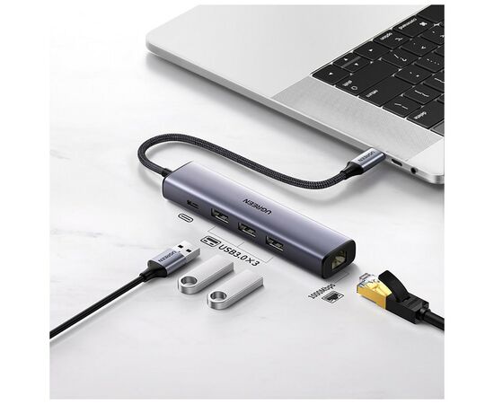 Концентратор Ugreen USB 3.0 Type-C to 3xUSB 3.0 + RJ45 1000M CM475 grey (20932), изображение 4 Концентратор Ugreen USB 3.0 Type-C to 3xUSB 3.0 + RJ45 1000M CM475 grey (20932), изображение 4